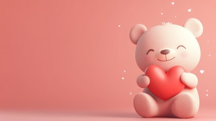 Cute Bear Character Holding a Heart on a Light Red Background