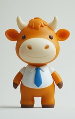 Portrait of an orange cow with simple facial features wearing a blue tie and white shirt against a solid color background