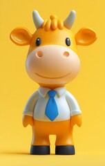 Adorable Orange Cow with Simple Facial Features Wearing a Blue Tie and White Shirt Against a Solid Color Background