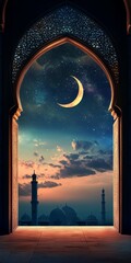 Islamic Architecture with Crescent Moon and Sky Celebration for Holiday Greetings