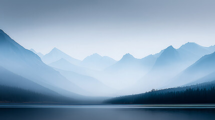Serene blue mountain landscape with misty valley and quiet lake at dawn