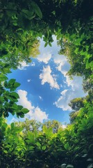 A Circular Shape Appears in the Center of Lush Green Leaves Under a Blue Sky with White Clouds