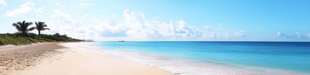Sunny tropical beach with palm trees, clear turquoise ocean, and soft golden sand