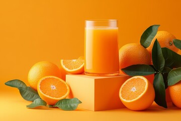 Orange Glass Juice Container on Orange Cube Platform Surrounded by Orange Elements in a Clean Modern Studio Setup Professional Product Photography