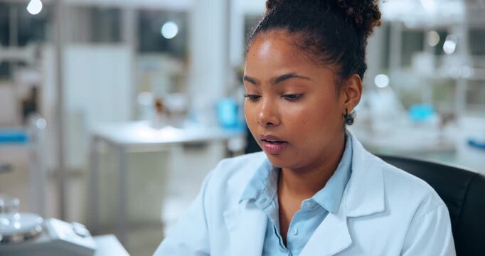 Woman, scientist and stress with eye strain, computer or headache with glasses at laboratory. Person, migraine and frustrated with pain, fatigue and pc for medical research, burnout or vertigo at job