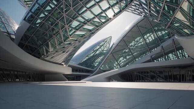 An ultra-modern architectural complex with fluid curved glass forms and bright sunlight reflections, showcasing futuristic parametric design and minimal urban elegance