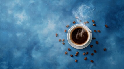Steaming coffee mug with beans on blue surface. AI image