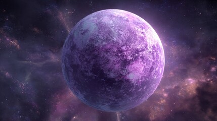 Fantasy planet with purple surface in dark space with stars and nebula