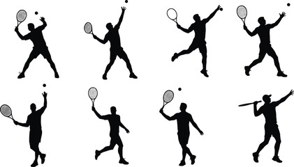 Professional tennis player silhouette performing serve and swing actions, collection of dynamic poses with racket and ball, vector sports illustration concept, athletic motion design