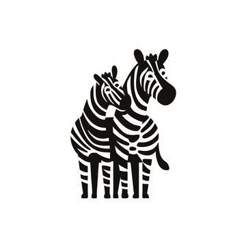 Stylized black and white illustration of two zebras, an adult and a foal, standing together. Minimalist wildlife art.