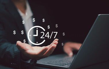 Time management concept. Work planning increases efficiency and reduced work time. businessman holding clock and money icon on interface virtual for business time management.