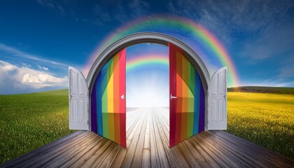 celebrating national coming out day with a vibrant rainbow and open doors symbolizing acceptance and identity