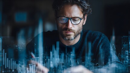 Focused businessman analyzing data with futuristic digital interface