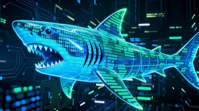 Technological visualization of shark transformed into holographic entity, swimming through abstract digital landscape with interconnected circuit pathways and luminescent data streams