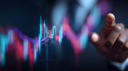 Businessman's hand pointing at financial data chart, business and technology concept