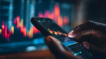 Analyzing stock market data on a smartphone, close-up of hand and phone screen