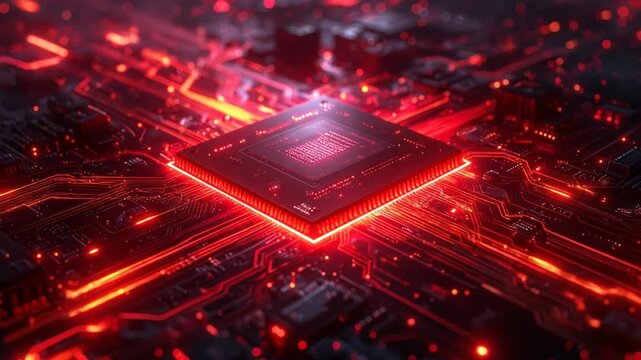 Futuristic glowing computer processor chip with red neon lights.