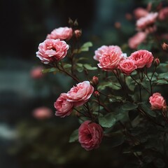 A cluster of pink roses in full bloom with dark green leaves against a blurred background outdoors
