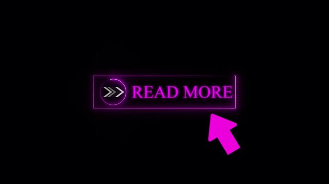 Glowing neon pink color white read mode cursor animation pointing towards read more button in looping with transparent background