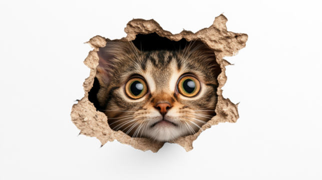 Curious Cat Peeking Through a Paper Tear on Transparent Background