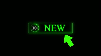 Glowing neon green color white new cursor animation pointing towards NEW button in looping with transparent background.