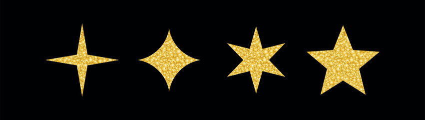 New Year's golden stars on a black background. A set of textured golden stars. Vector illustration for banners, postcards, invitations, and greeting cards.