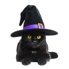 Black Cat with Witch Hat Isolated on Transparent Background; Halloween Clipart PNG