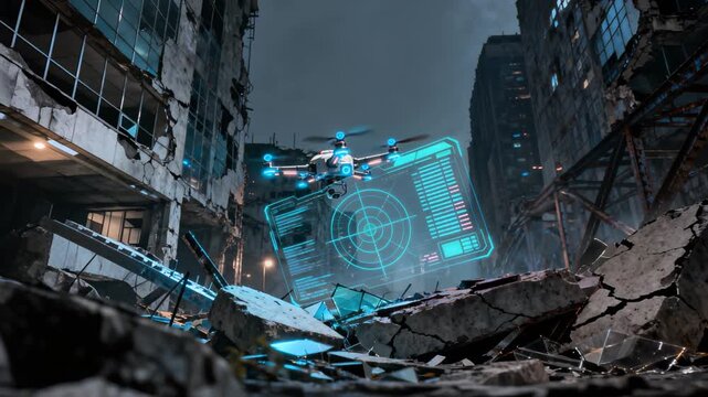 High-tech drone hovers over devastated cityscape, scanning damaged terrain with blue-illuminated holographic interface. Aerial view reveals structural collapse and scattered debris