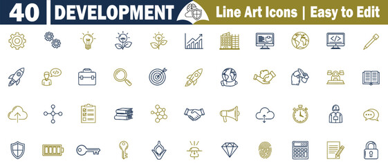 Collection of 37 Development Line Art Icons. Easy to Edit for Software, Business, Web, and Creative Projects in Blue and Gold on a Clean Backdrop, Ideal for Digital Designs.
