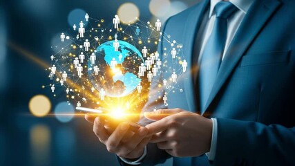 Businessman holding smartphone with global network of people and connections - Powered by Adobe