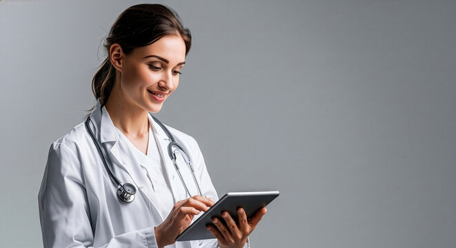 Smiling female doctor using digital tablet against gray background with copy space. Concept of modern healthcare, technology and medical innovation
