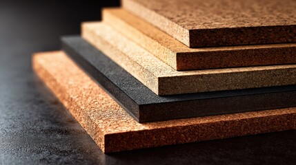 Close up of a stack of cork boards of different colors and textures