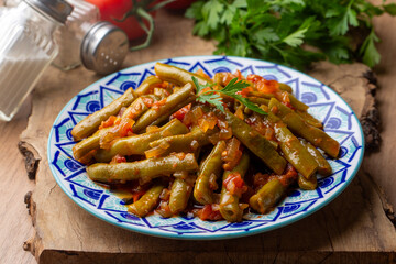 Traditional delicious Turkish food; Green beans with olive oil; Turkish name; Zeytinyagli taze fasulye