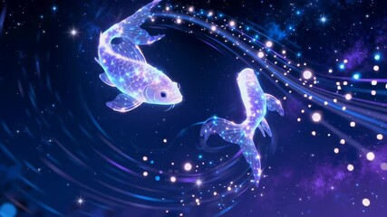 Luminous fish representing Pisces zodiac sign swimming in endless cosmic loop with sparkling light trails, seamless loop - Powered by Adobe