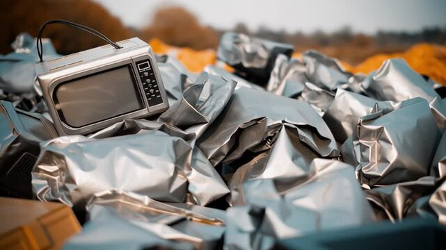 Vintage television lies amid crumpled metallic debris as camera moves closer revealing scratched screen and broken antenna symbolizing obsolescence and waste of technology
