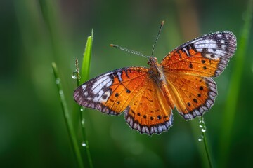 Orange Butterfly on Dewy Grass: A mesmerizing butterfly, with intricate wing patterns of orange, white, and black, rests delicately on a blade of grass adorned with glistening water droplets.