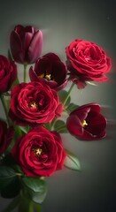 Obraz premium Y2K Soft Blurred Floral Background With Moody Red Roses And Tulips
