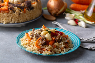 Homemade Uzbek pilaf or plov