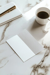 A tri-fold flyer mockup partially open on a marble desk, surrounded by elegant stationery elements like a pen and coffee cup with soft lighting. Generative AI