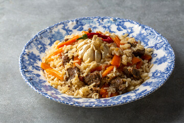 Homemade Uzbek pilaf or plov