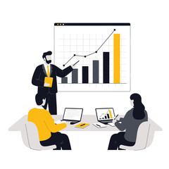 Business meeting team analyzing financial growth chart presentation with laptops and whiteboard data report teamwork concept strategy discussion isolated on transparent background