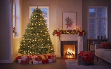 Christmas Tree in Cozy Living Room Interior with Fireplace and Presents