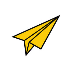 Bright yellow paper airplane in flight symbolic of travel exploration and childhood dreams isolated on white isolated on transparent background