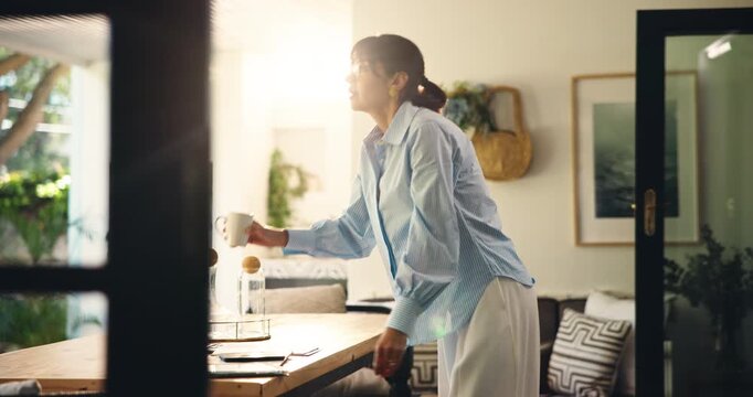 Woman, thinking and coffee for remote work from home with phone, decision or notification on web. Person, reflection and freelance job with smartphone, mobile app and tea cup with flare at apartment