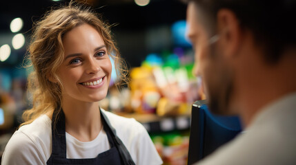 Smiling female cashier at supermarket checkout, employee in white t-shirt and black apron works at retail store counter, shelves with snacks visible, under soft store light highlig