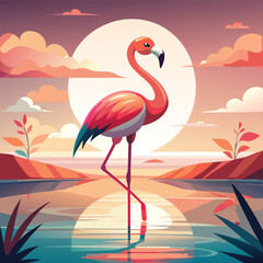 Naklejka premium Vibrant Flamingo Against a Beautiful Sunset Landscape vibrant flamingo against