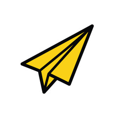 Bright yellow paper airplane in mid-flight with thick black outline symbolizing freedom imagination and travel concepts isolated on transparent background