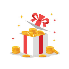 Surprise gift box overflowing with gold coins and sparkling confetti symbolizing wealth and fortune for rewards or prizes isolated on transparent background