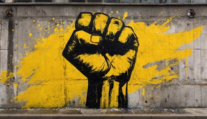 Symbol of Strength: Bold street art on a concrete wall captures a powerful raised fist in striking black against an expressive yellow backdrop, symbolizing resilience and solidarity.