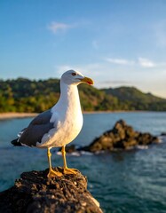 A gull perched on a rock overlooking the ocean at sunset